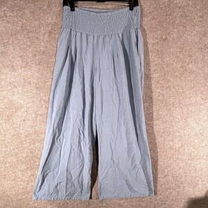 Chouyatou Wide Leg Pants Womens Large Blue Smocked Waist Linen Blend Boho